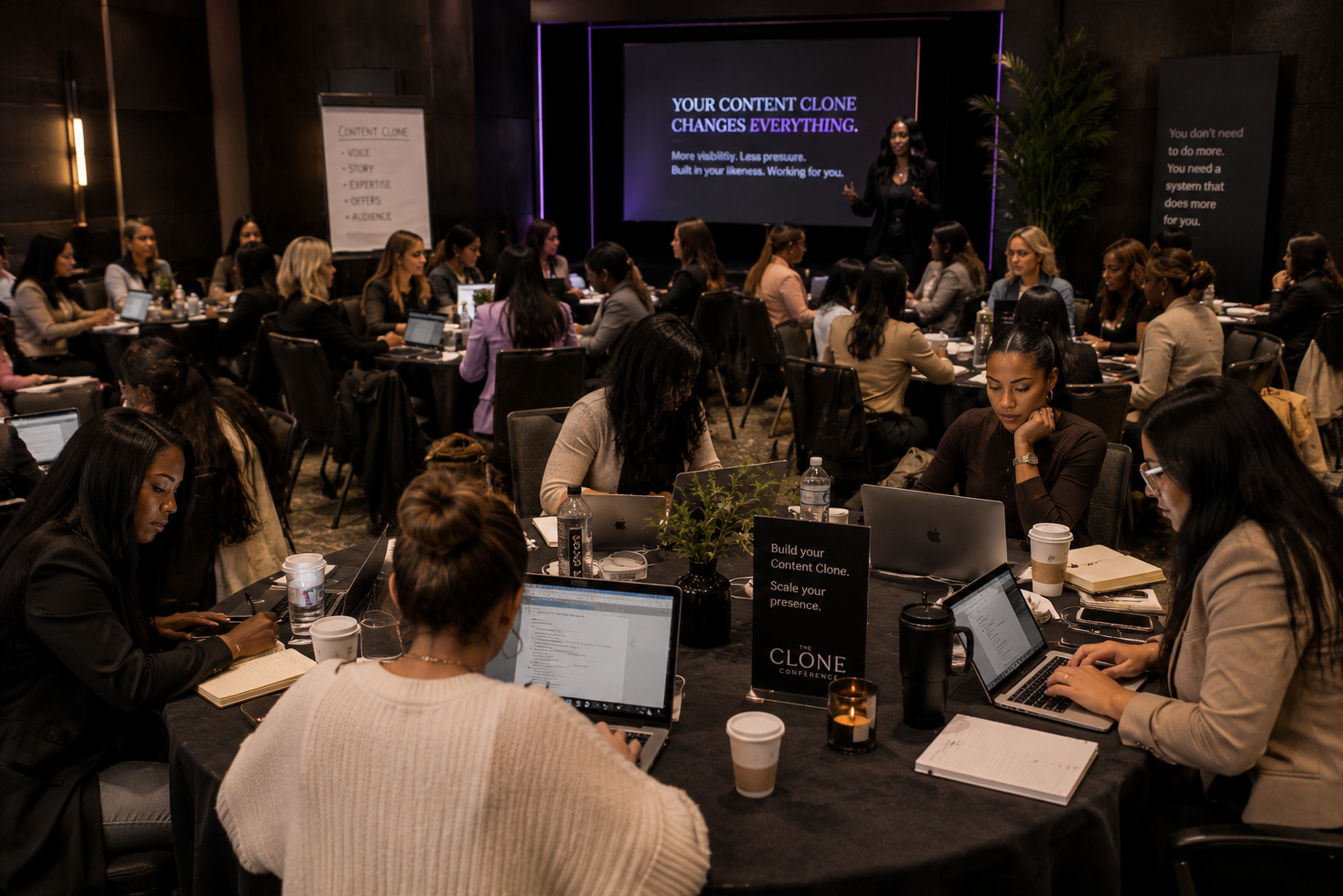 Women business owners building their Content Clones on laptops during a hands-on workshop
